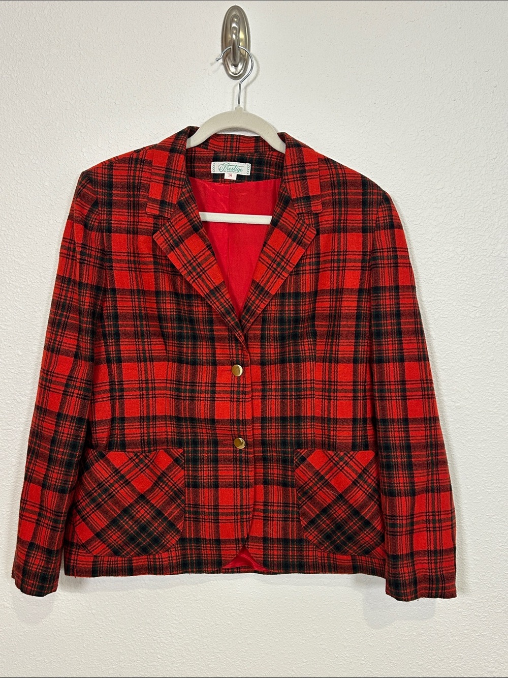 Vintage Prestige of Boston Red Plaid Wool Blazer Jacket USA Made ILGWU | Size 14